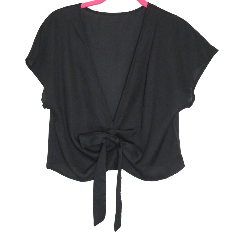 Black Semi-Sheer V-Neck Tie Front Top Short Sleeve Blouse Size Medium